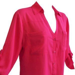Express Portofino Shirt Solid Fuscia Pink Long Sleeves Roll Tabs Easy Care M